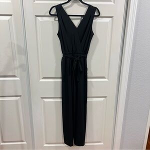 Monteau V Neck Sleeveless Jumpsuit Black Slit Wide Leg Size Small